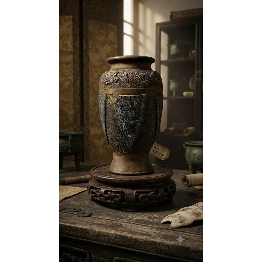 Vintage Japanese Bronze Relief Vase Archaic Taotie Bird Motif Blue Enamel 10.5in